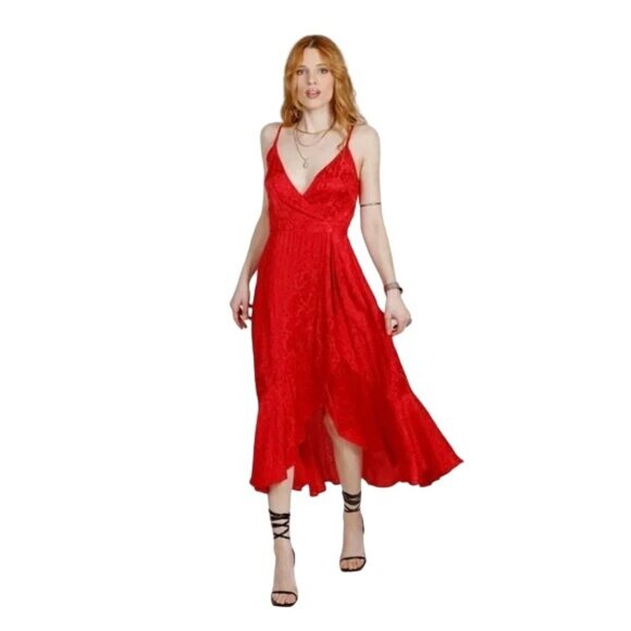 NWT Band Of The Free S Ruby Red Floral Smocked Back Bow Tie Straps Midi Dress - Picture 1 of 15